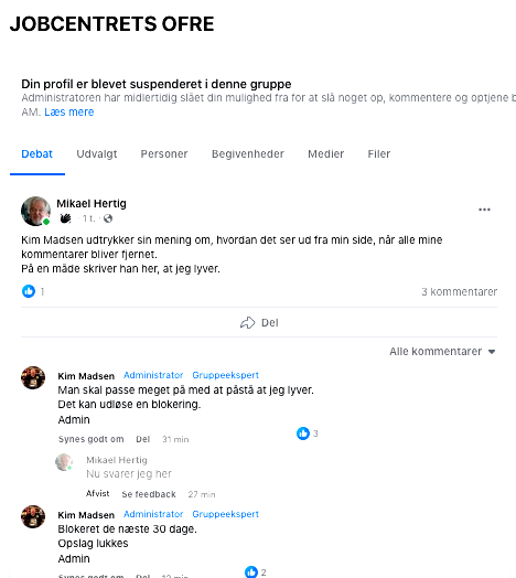 Skærmbilledet viser hvordan jeg bliver blokeret og også, at min kommentar bliver afvistt