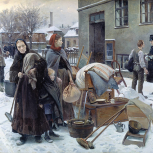 Maleri, E Henningaen. En familie er sat på gaden og en trækvogn står med nogle ejendele.